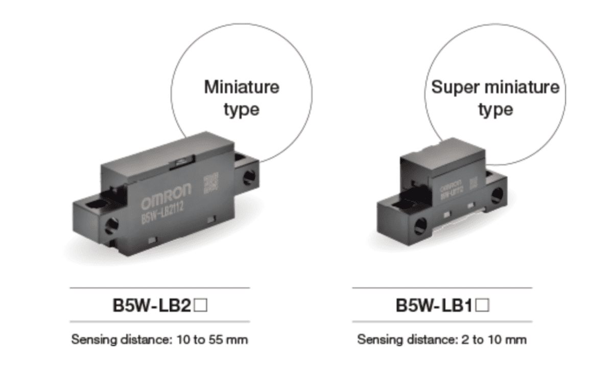 The miniature type and super miniature type of B5W-LB sensors next to each other with sensing distances listed.