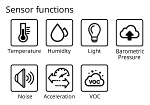 (Sensor functions)Temperature / Humidity / Light / Barometric Pressure / Noise / Acceleration / VOC