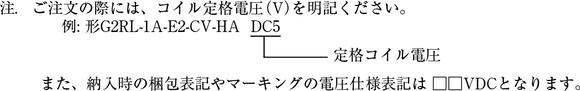 注. ご注文の際には、コイル定格電圧(V)を明記ください<br />例: 形G2RL-1A-E2-CV-HA DC5 また、納入時の梱包表記やマーキングの電圧仕様表記は □□VDCとなります。
